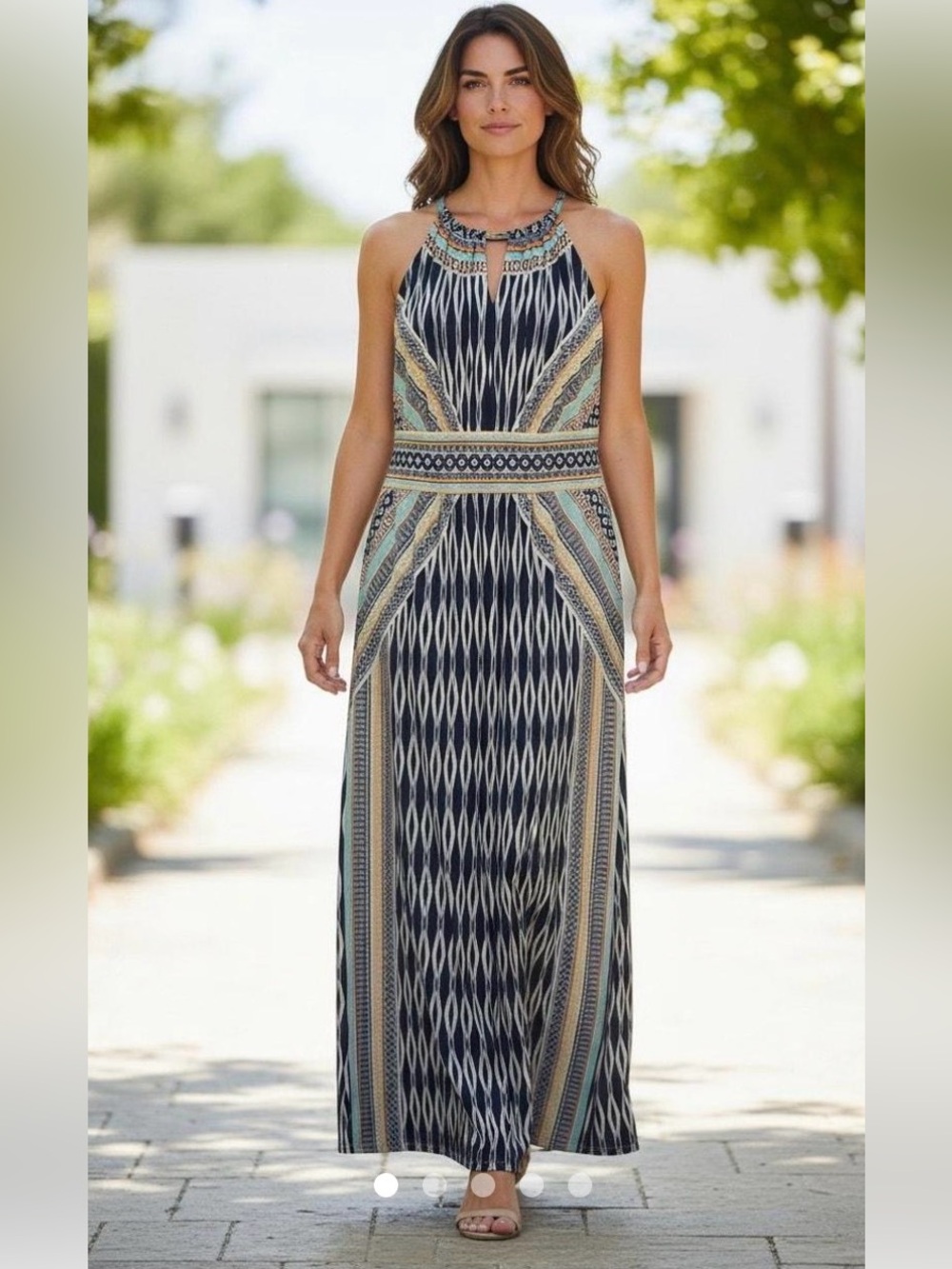 Chico's Boho Indie Navy and Ivory Tropical Patterned Halter Maxi Dress 3